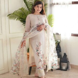 Women's Lilan Cotton Floral Printed Straight Pakistani Kurti with Pant and Dupattta