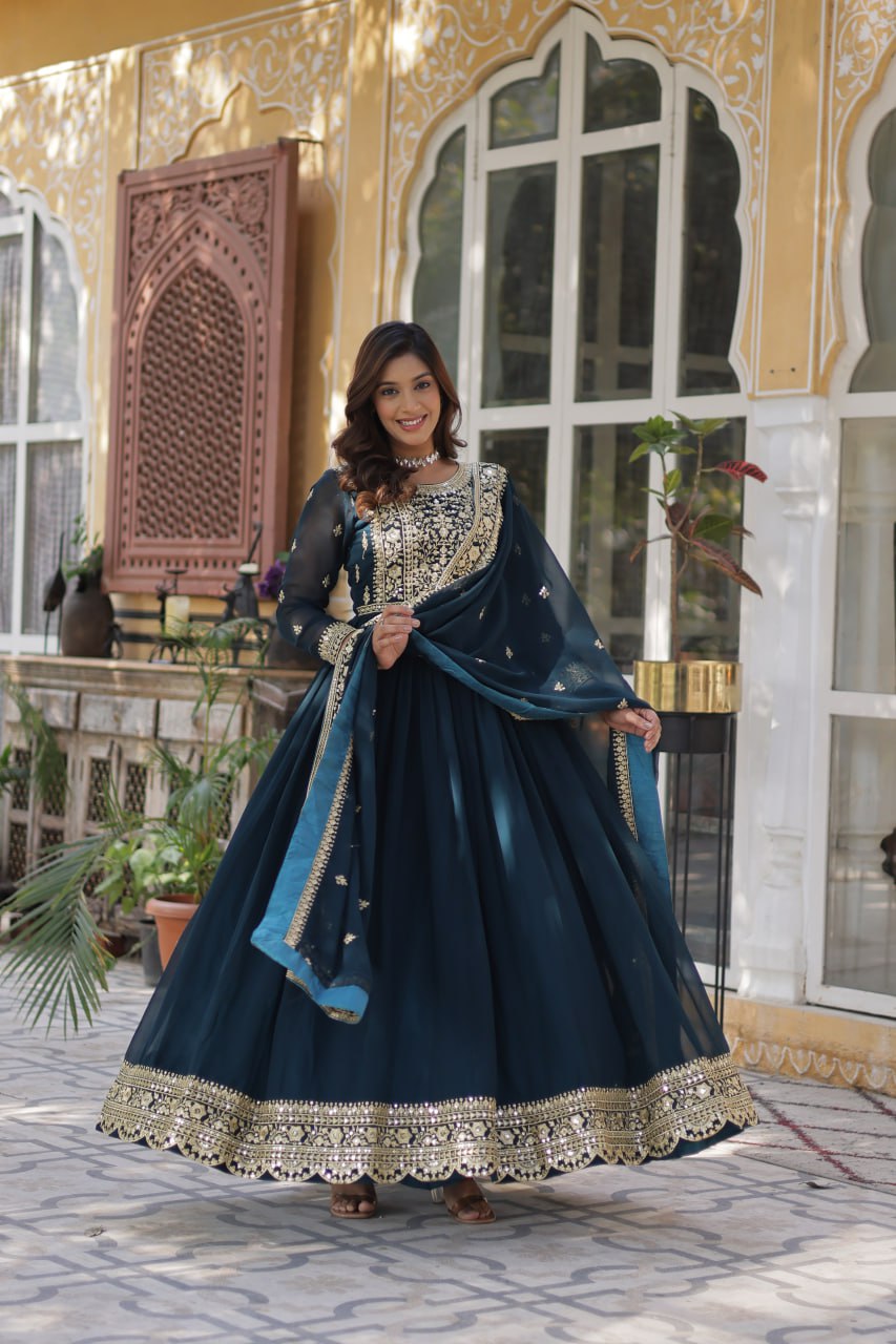 Women's Luxurious Plum Velvet Anarkali Gown with Heavy Gold Zari & Sequin Embroidery – Perfect for Weddings & Grand Festivities - Image 9