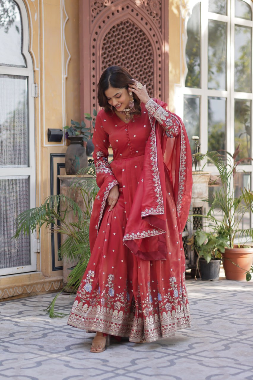 Women's Festive Rust Red Anarkali Gown with Intricate Silver Zari & Sequin Embroidery – Complete with Embroidered Dupatta - Image 5